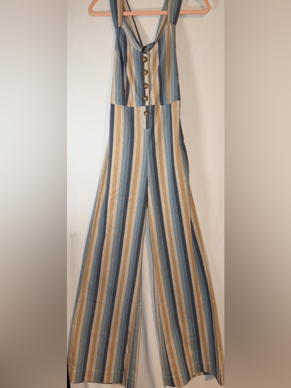 Knot Sisters Striped Linen Blend Wide Leg Jumpsuit Tie Back Boho NWT Small - Picture 2 of 12